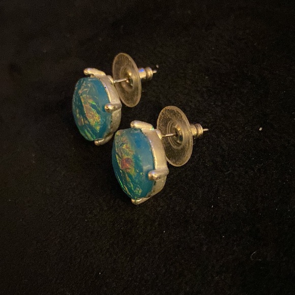 Aqua, iridescent round stone post earrings - Picture 2 of 3